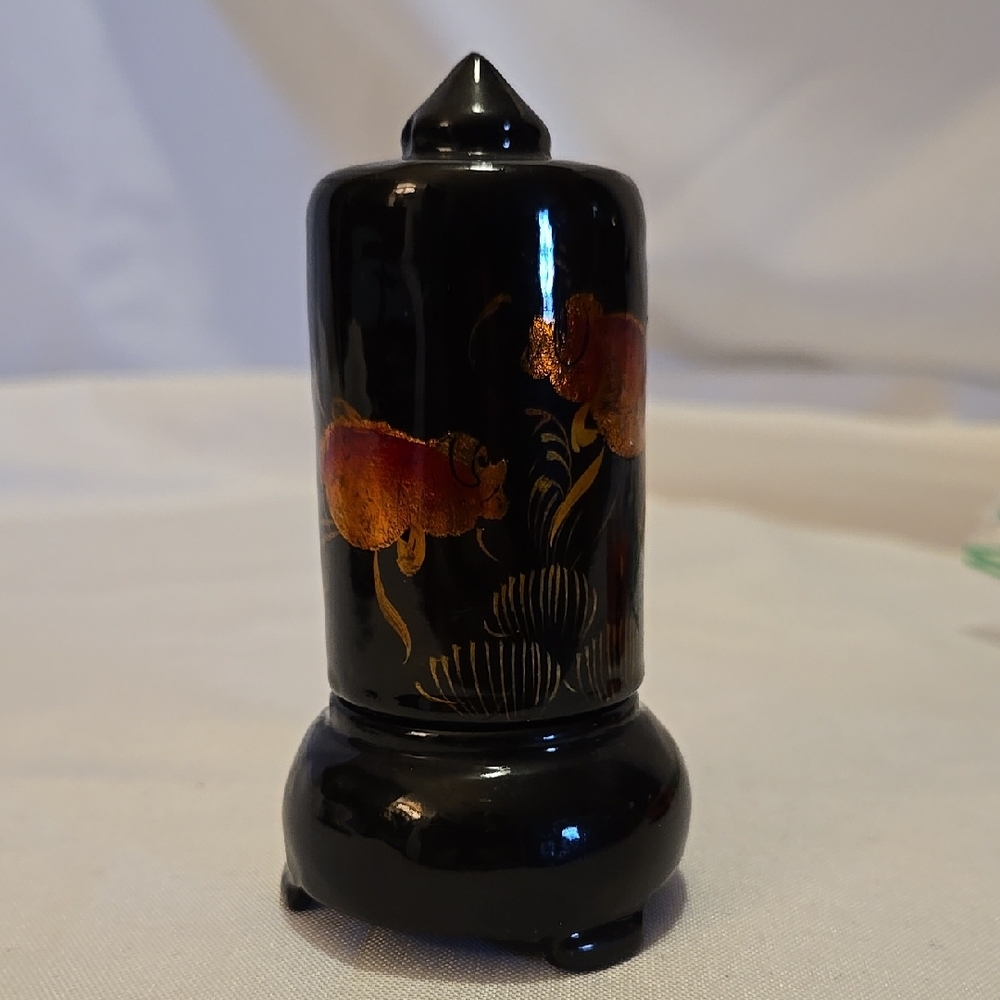 Vintage Laquered Covered Toothpick Holder Black w/ Goldfish